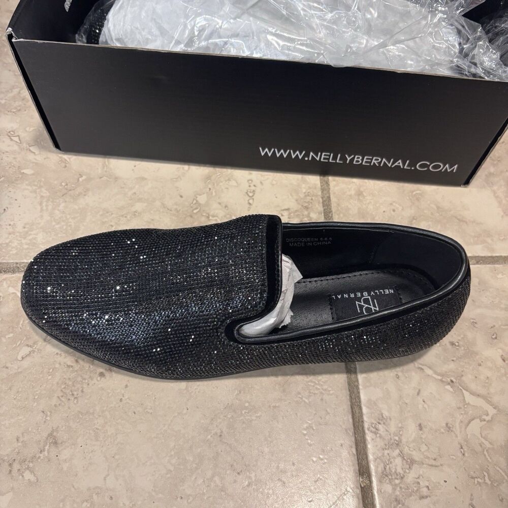 Disco Queen Black Rhinestone Loafers Crystal Shoes Women’s Sz 6 - 6.5 NIB